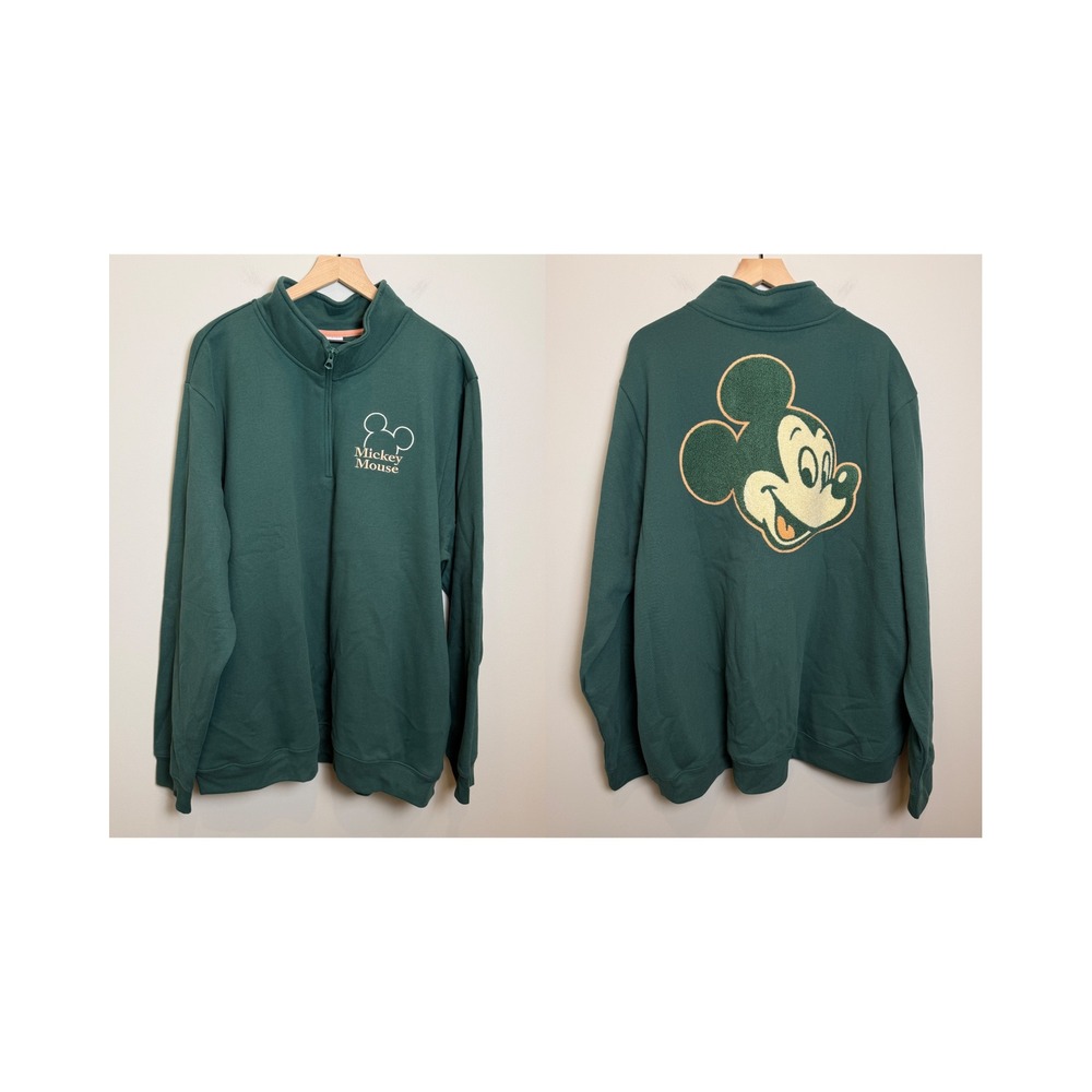 Disney Mickey Mouse Quarter Zip Embroidered Chenille Graphic Green Sweatshirt 2X